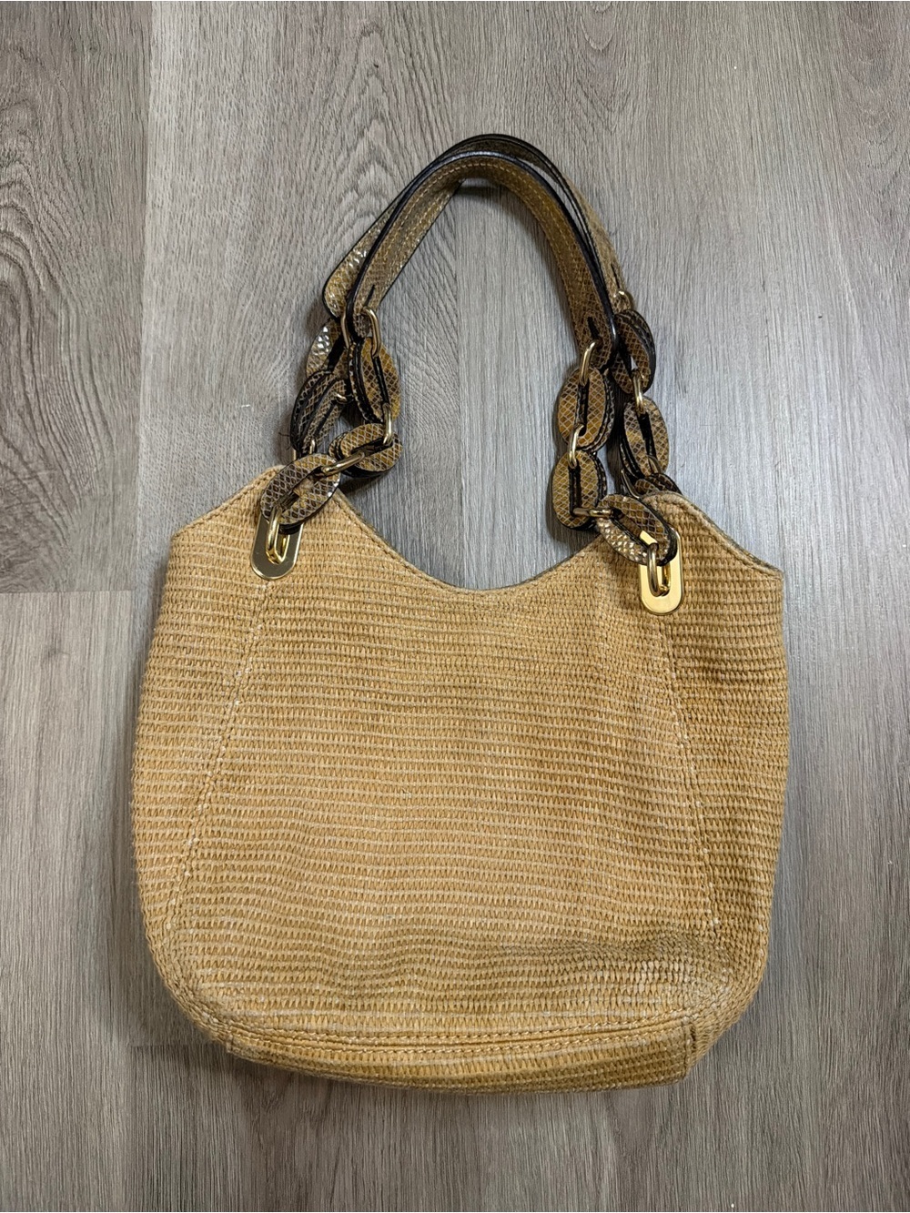 Michael Kors Woven Shoulder Tote with Chain-Link Snakeskin Straps - Tan